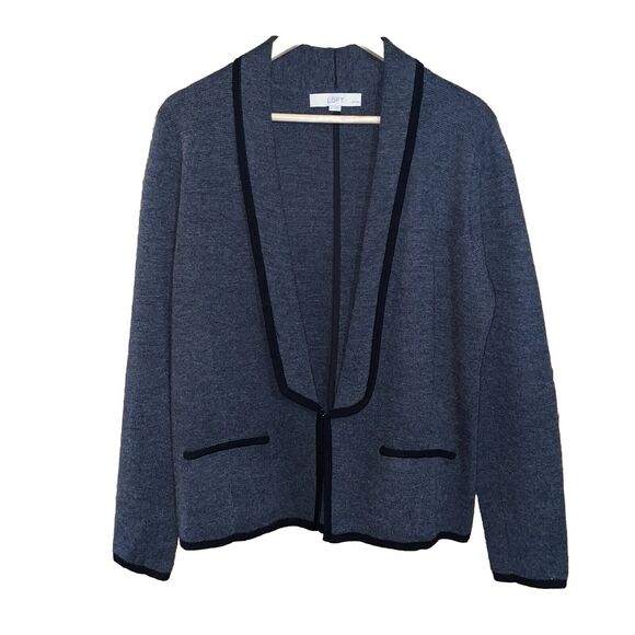 ANN TAYLOR Loft 48% Wool Black Classic Large Petite Blazer Clasp Work Attire - Picture 1 of 7